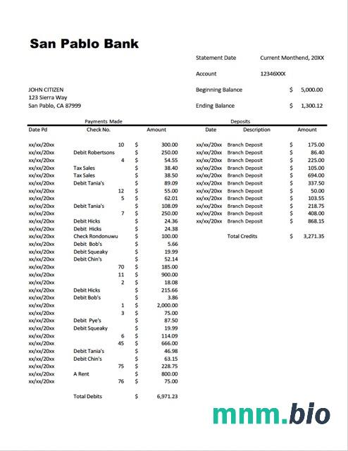 USA SARS wyciąg bankowy szablon Worda i PDF, 2 strony